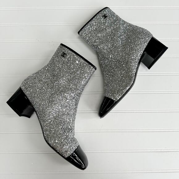 Chanel CC Sliver Glitter Ankle Boot Cap Toe Black Patent Bootie Milky Way Runway - Picture 14 of 16